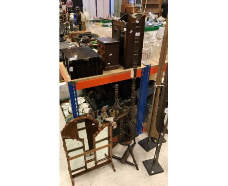 An early to mid 20th Century walnut framed triple dressing mirror in the 18th Century manner, together with a standard lamp o