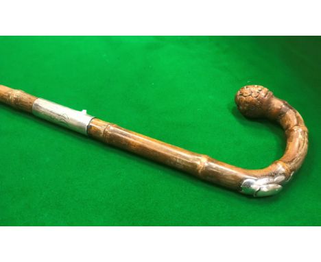 A silver mounted bamboo shafted walking stick with concealed horse measuring stick, one side inscribed "Metre" the other "Han