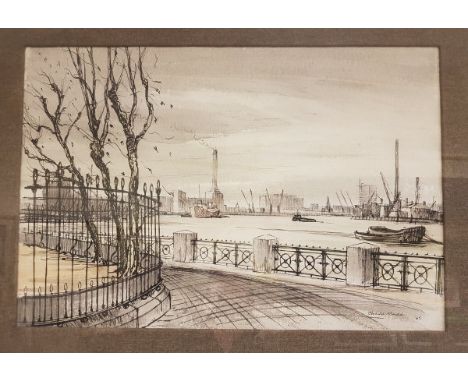 CHARLES MADDON "Greenwich Reach", river landscape pen and ink signed and dated '65 lower right together with nine prints depi