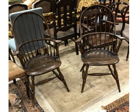 A pair of 19th Century stick back elbow chairs raised on ringed and turned front legs to H stretchers together with 19th Cent