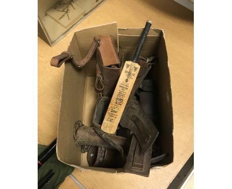 A box of various leather mounted hunting requisites including sandwich box, reflectors, flask, etc, a miniature golf club wit