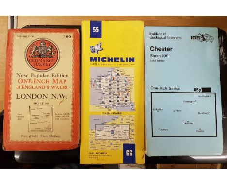 A box of various maps, to include Ordnance Survey maps and Michelin maps and the Institute of Geological Sciences maps etc