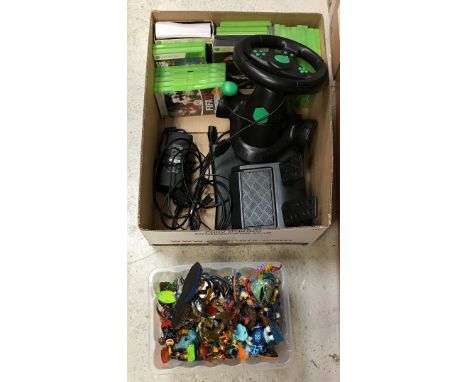 A box containing XBox 360 console, various games, steering wheels and pedals and a box containing various Skylander figures (