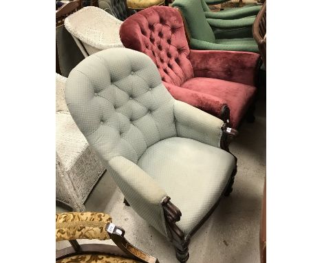 A Victorian button salon armchair with show frame arms on turned front legs together with a Victorian buttoned upholstered sa