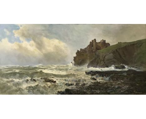 PEREGRINE FEENEY "Tantalon", coastal scene with choppy seas and ruins of a castle on a cliff, oil on canvas, inscribed with t