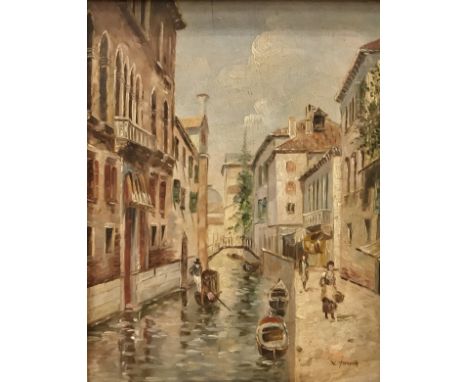 K YOUNG "Venetian Backwaters with Gondolas and Figures", oil on panel signed lower right a pair