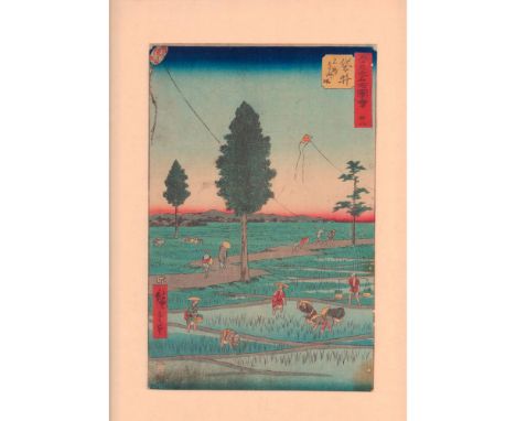 A beautiful hand paint color, and ink on paper woodblock vertical print. Edo Period, features workers on a rice paddies and c