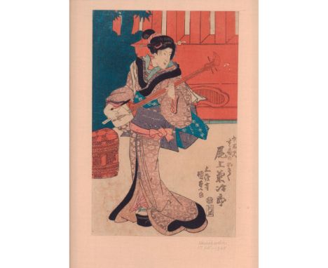 A beautiful hand paint color, and ink on paper woodblock vertical print. Edo Period, features a kabuki performer playing the 