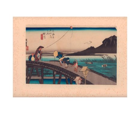 A beautiful hand paint color, and ink on paper woodblock horizontal print. Edo Period, features rice paddies workers on a bri