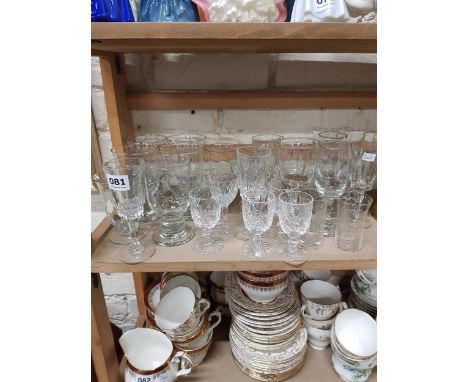 SHELF LOT OF GLASSWARE &amp; VINTAGE BRASS CONDIMENT SET 