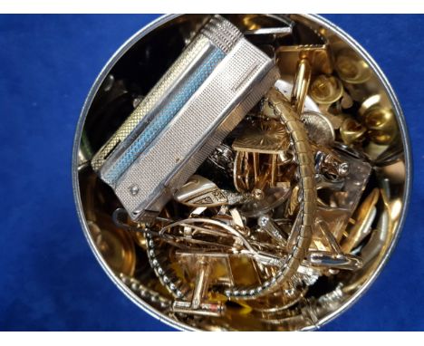 TIN OF WATCH PARTS, CUFF LINKS, VINTAGE LIGHTER AND TIE PINS 
