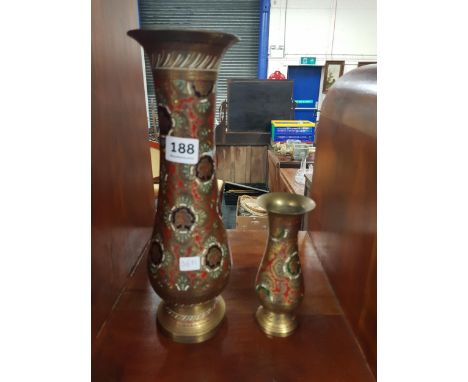 PAIR OF ENAMEL BRASS VASES 