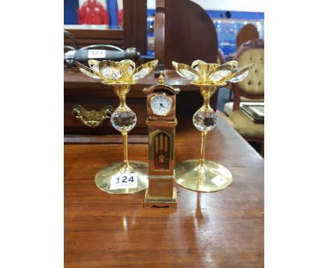MINIATURE EVERITE BRASS GRANDFATHER CLOCK AND PAIR OF CRYSTAL CANDLESTICKS 
