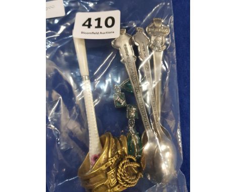 3 ROLEX SPOONS, SADDLE RING, SILVER AND ENAMEL CHEROOT HOLDER AND PAIR OF SILVER EARRINGS 