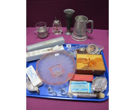 Lead Crystal Handled Makeup Brushes, musical pewter mug, marquetry box, shaving brush, novelty lemon squeezer, etc :- One Tra