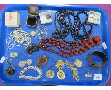 A Wide Bangle, with applied oval foliate panel, vintage bead necklaces, pendants on chains, imitation pearls, XIX Century ova