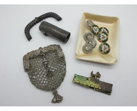 A Hallmarked Silver Scent Bottle, (lacking glass liner and stopper) enamel and glass buttons, string purse with decorative fr