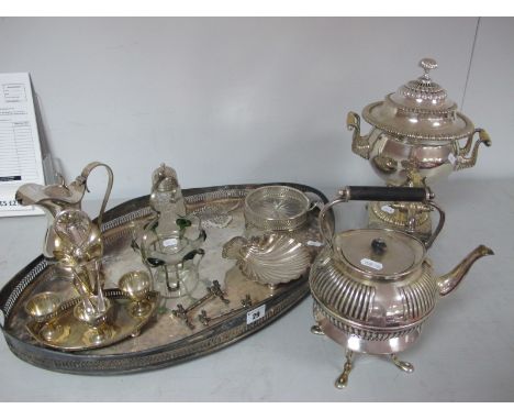 A XIX Century Plated Samovar, overall height 33.5cm; together with a large oval plated tray, a teapot on burner stand, Art No