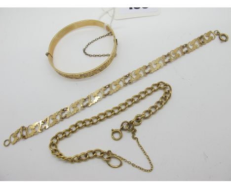A 9ct Gold Curb Link Bracelet, together with a 9ct gold openwork bracelet (total weight 12grams); and a "50 Micron 9ct RG" ch
