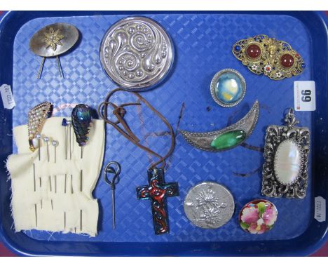 Arts &amp; Crafts Ceramic Panel Brooches, (closed back settings), a large rectangular panel pendant/brooch, with oval mother 