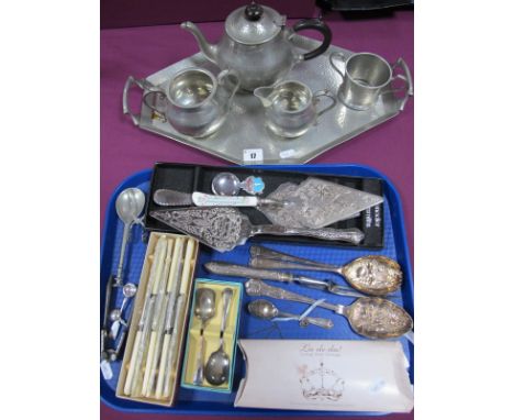 Plated Cake Slices, boxed set of knives, Chesterfield souvenir caddy spoon, replica seal top spoon, pewter tea set on twin ha