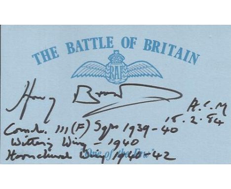 ACM Sir Harry Broadhurst DSO* DFC*, Blue Battle of Britain card autographed by Battle of Britain ace ACM Sir Harry Broadhurst