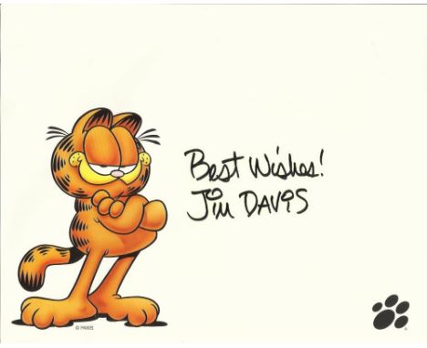 Jim Davis signed print. 8x10 sized colour print of the cartoon character Garfield autographed by creator Jim Davis. Good cond