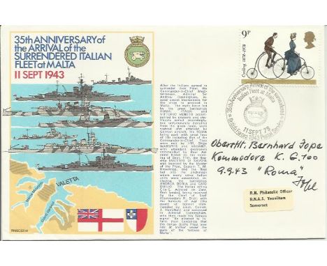 35th Anniversary of the Arrival of the Surrendered Italian Fleet at Malta official navy cover. RNSC(2)14. Signed by Obersleut