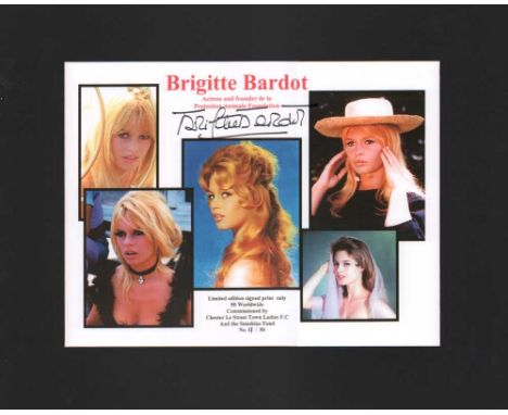 Brigitte Bardot autographed print. Lovely montage print measuring 36cm x 27cm featuring five different beautiful shots of the