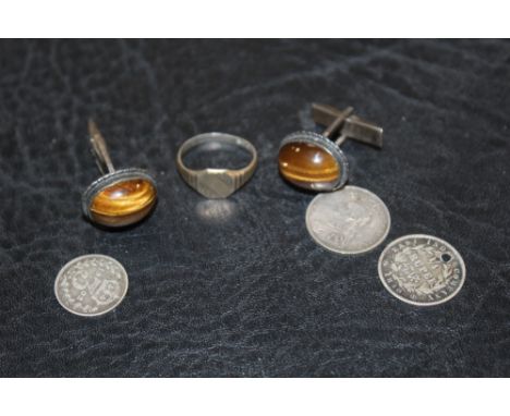 A PAIR OF TIGERS EYE AND STERLING SILVER CUFFLINKS, TOGETHER COINS &amp; A RING