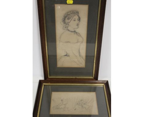 TWO FRAMED AND GLAZED PENCIL SKETCHES - ONE A HALF LENGTH PORTRAIT OF A LADY, THE OTHER A HUNTING SCENE