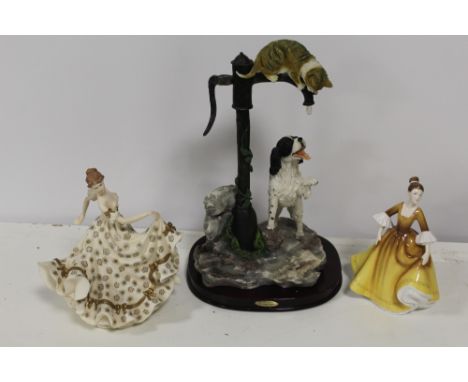 A ROYAL DOULTON STEPHANIE FIGURINE HN4861 TOGETHER WITH A RESIN FIGURINE AND A JULIANA ANIMAL FIGURE GROUP  (3)