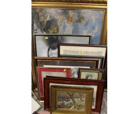 A LARGE QUANTITY OF PICTURES AND PRINTS ETC to include a Victorian oil, Venetian watercolour, needlework's etc