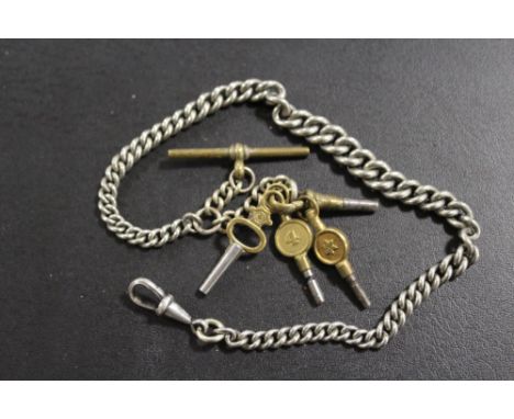 AN ANTIQUE WHITE METAL ALBERT WATCH CHAIN AND 4 POCKET WATCH KEYS