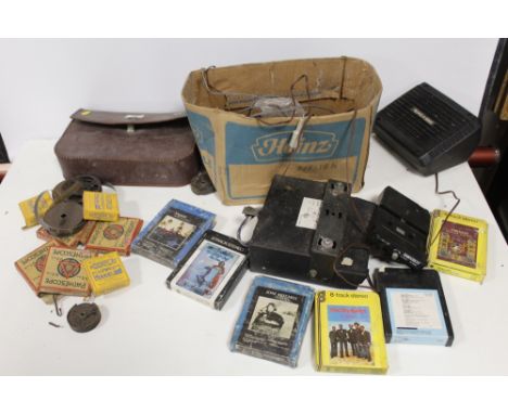 A QUANTITY OF PATHESCOPE 9.5 MM FILM REELS TOGETHER WITH A QUANTITY OF SUPER 8 CASSETTE TAPES ETC ALL A/F