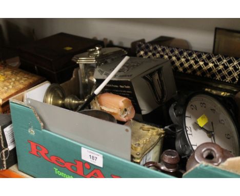 THREE SMALL TRAYS OF ASSORTED SUNDRIES TO INCLUDE A WOODEN TEA CADDY ETC