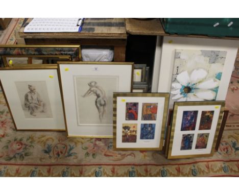 A SELECTION OF PICTURE AND PRINTS TO INCLUDE TWO CHARCOAL PORTRAIT STUDIES SIGNED LOWER RIGHT (13)