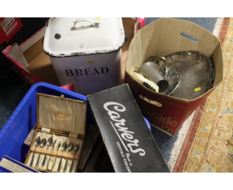 AN ENAMEL BREAD BIN TOGETHER WITH A QUANTITY OF SILVER PLATED METALWARE