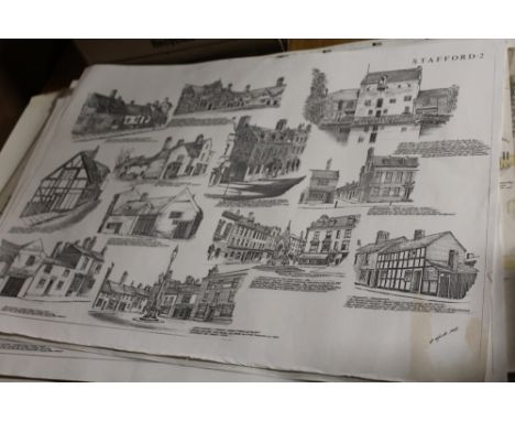 A SELECTION OF UNFRAMED PRINTS OF STAFFORD BUILDINGS ETC TO INCLUDE A FOLIO OF ORIGINAL ARTWORK TO INC ABSTRACT WORKS