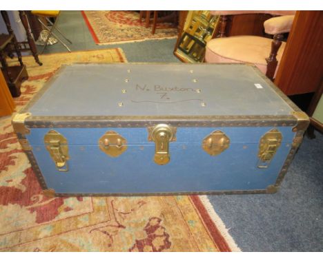 A LARGE VINTAGE BLUE PACKING SCHOOL TRUNK