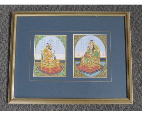 (XIX-XX). Indian school. two in one frame, seated portrait studies of Shah Jahan &amp; Mumtaz Mahal, unsigned, mixed media on
