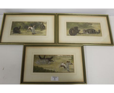 A TRIO OF ALLEGORICAL LOUIS WAIN FRAMED AND GLAZED PRINTS OF A JACK RUSSELL TERRIER AND CATS (3) 