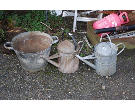 Two galvanised watering cans and a galvanised planter.