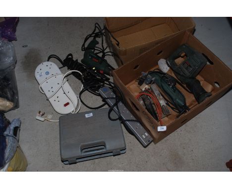 Two boxes of tools inc. Bosch electric drill, chisels, Black &amp; Decker ripsaw, Bosch saw (not working) and sander (not wor