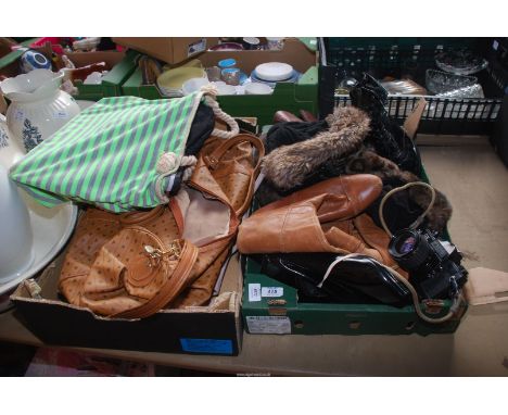 Two boxes of ladies bags, ladies size 9 shoes and hats and a camera.