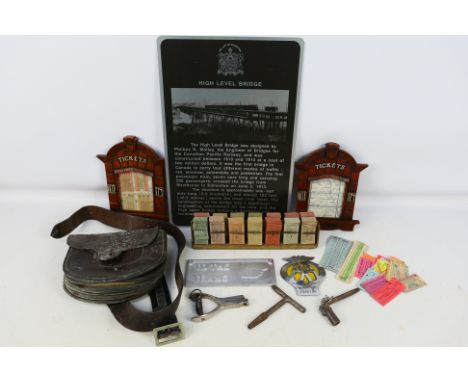 Transportation Interest - Lot to include a bus conductors leather pouch and strap, ticket bundles, Williamson ticket punch an