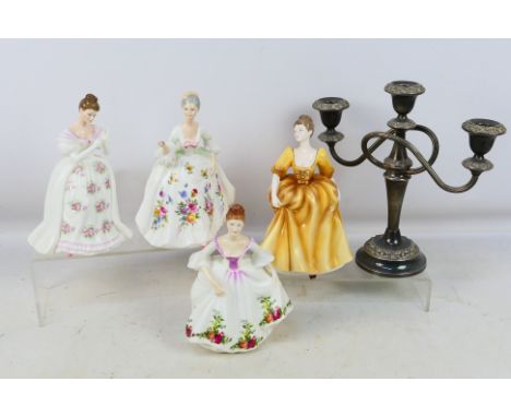 Four lady figures comprising three Royal Doulton and one Coalport, largest approximately 20 cm (h) and a three branch silver 