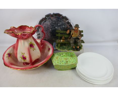 Lot to include an ironstone wash bowl and jug, capodimonte group, Wedgwood Solar plates, ceramic dish and cover marked Cloiso
