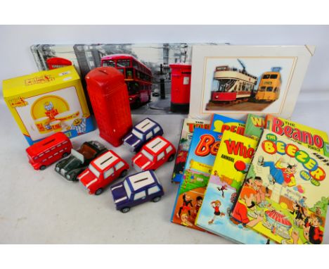 Money Bank - Annuals - A group of items including 6 x ceramic money banks, 7 x annuals, a Honey Monster breakfast set, a Blac