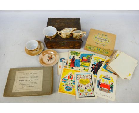 Lot to include a children's vintage tea set decorated with Mickey Mouse, trinket box, Yorkraft Pennsylvania Dutch Note Cards 